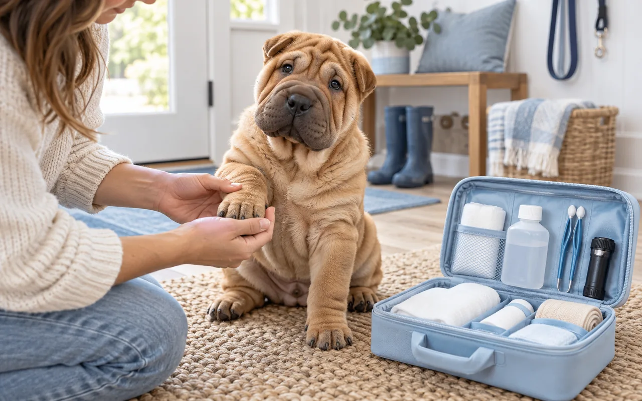 Shar-Pei puppy having its paw checked beside a dog first-aid kit