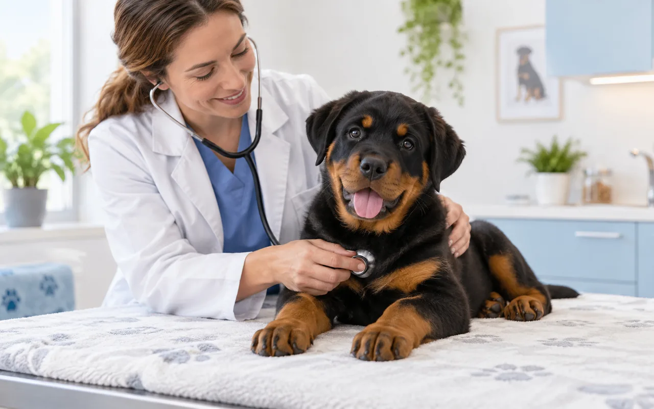 Veterinarian listening to a Rottweiler puppy's heartbeat