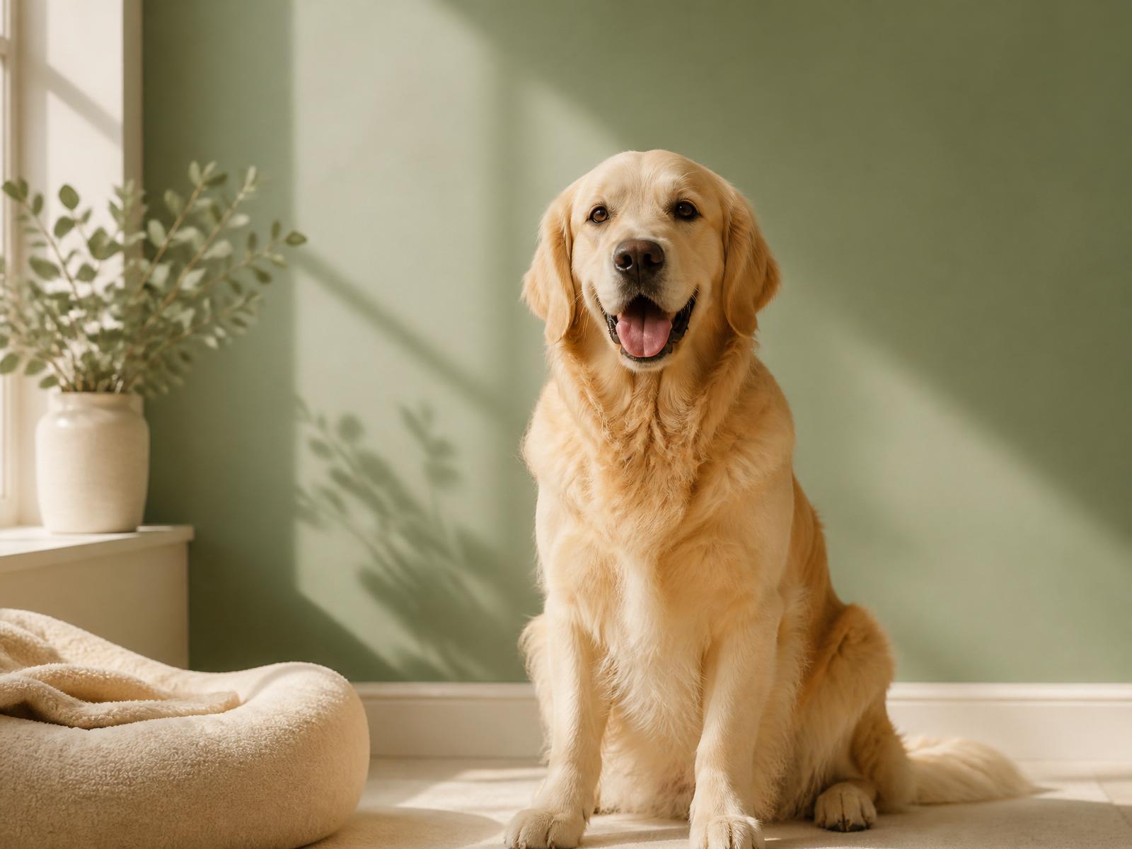 A calm golden retriever in soft natural light